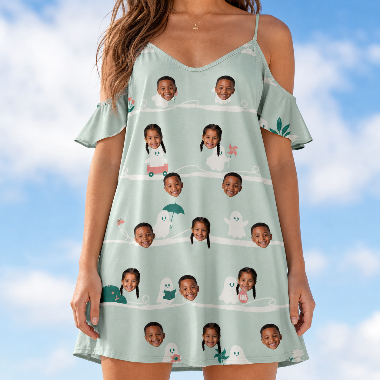 Model wearing Women's Ghostly Goofballs Custom Face Off-Shoulder Dress printed with kids' faces
