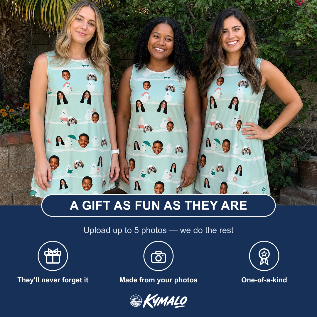 Friends in matching Women's Ghostly Goofballs Custom Face Tank Dress — a group gift photo