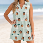 Model wearing Women's Ghostly Goofballs Custom Face V-Neck Dress printed with kids' faces