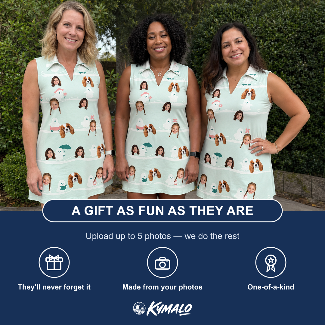 Friends in matching Women's Ghostly Goofballs Custom Face V-Neck Dress — a group gift photo