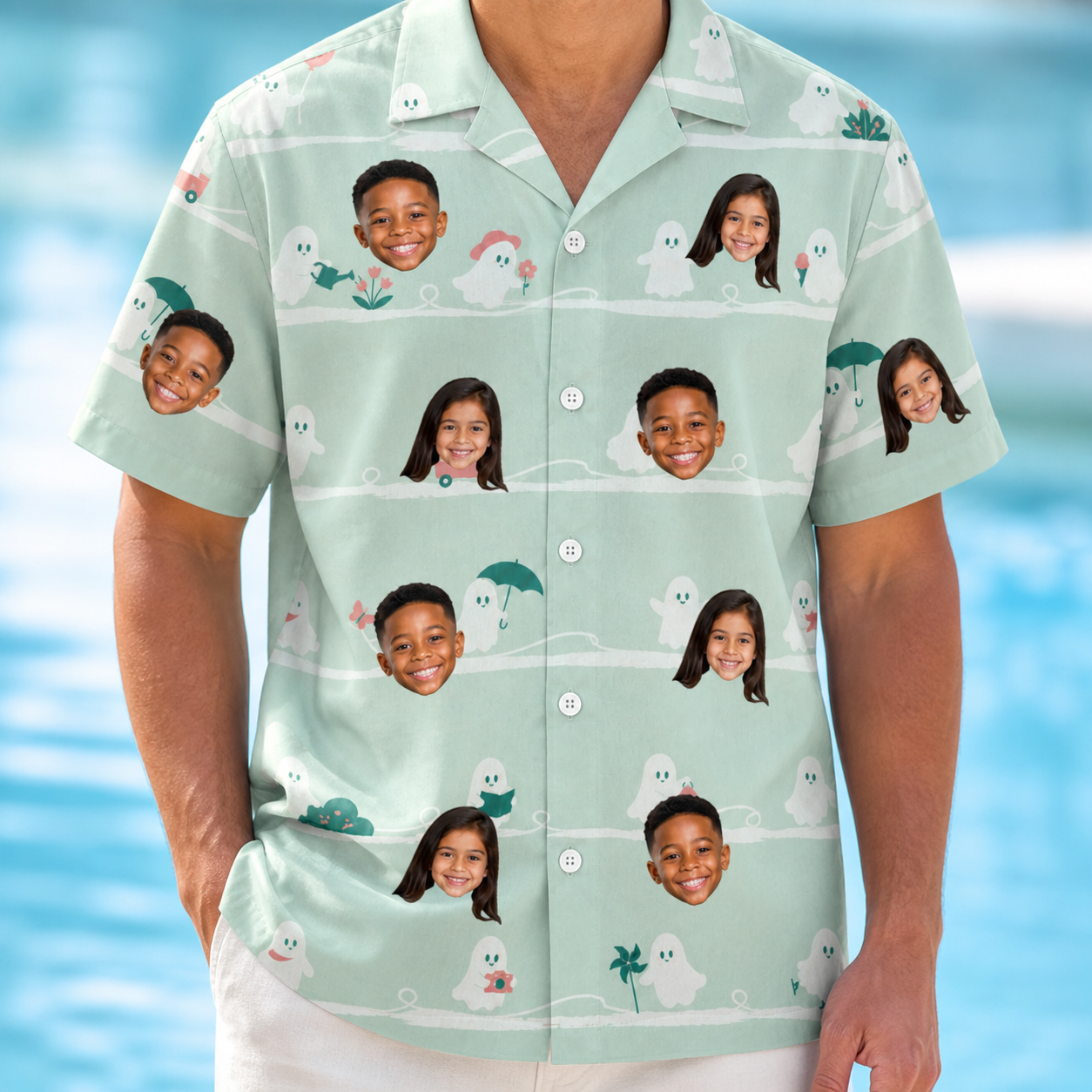 Model wearing Men's Ghostly Goofballs Custom Face Hawaiian Shirt printed with kids' faces