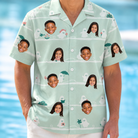 Model wearing Men's Ghostly Goofballs Custom Face Hawaiian Shirt printed with kids' faces
