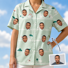 Woman wearing Women's Ghostly Goofballs Custom Face Hawaiian Shirt — custom faces printed all-over