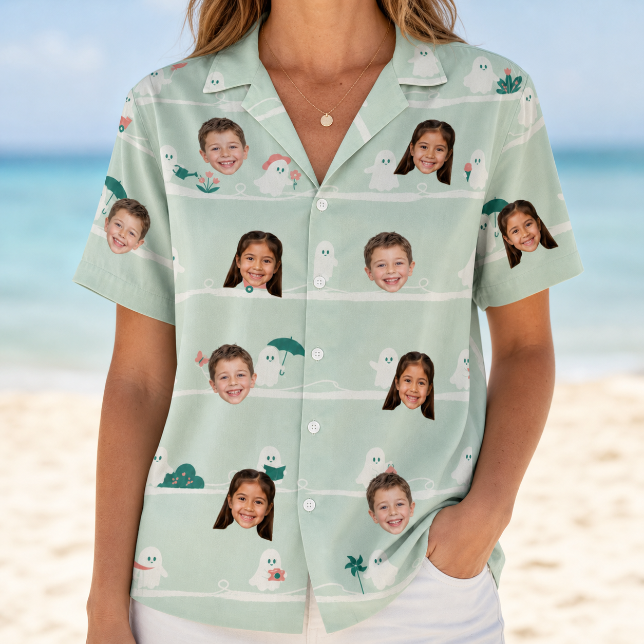 Model wearing Women's Ghostly Goofballs Custom Face Hawaiian Shirt printed with kids' faces