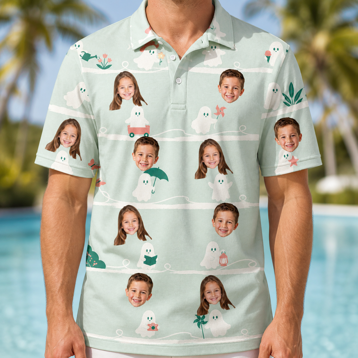 Model wearing Men's Ghostly Goofballs Custom Face Polo Shirt printed with kids' faces