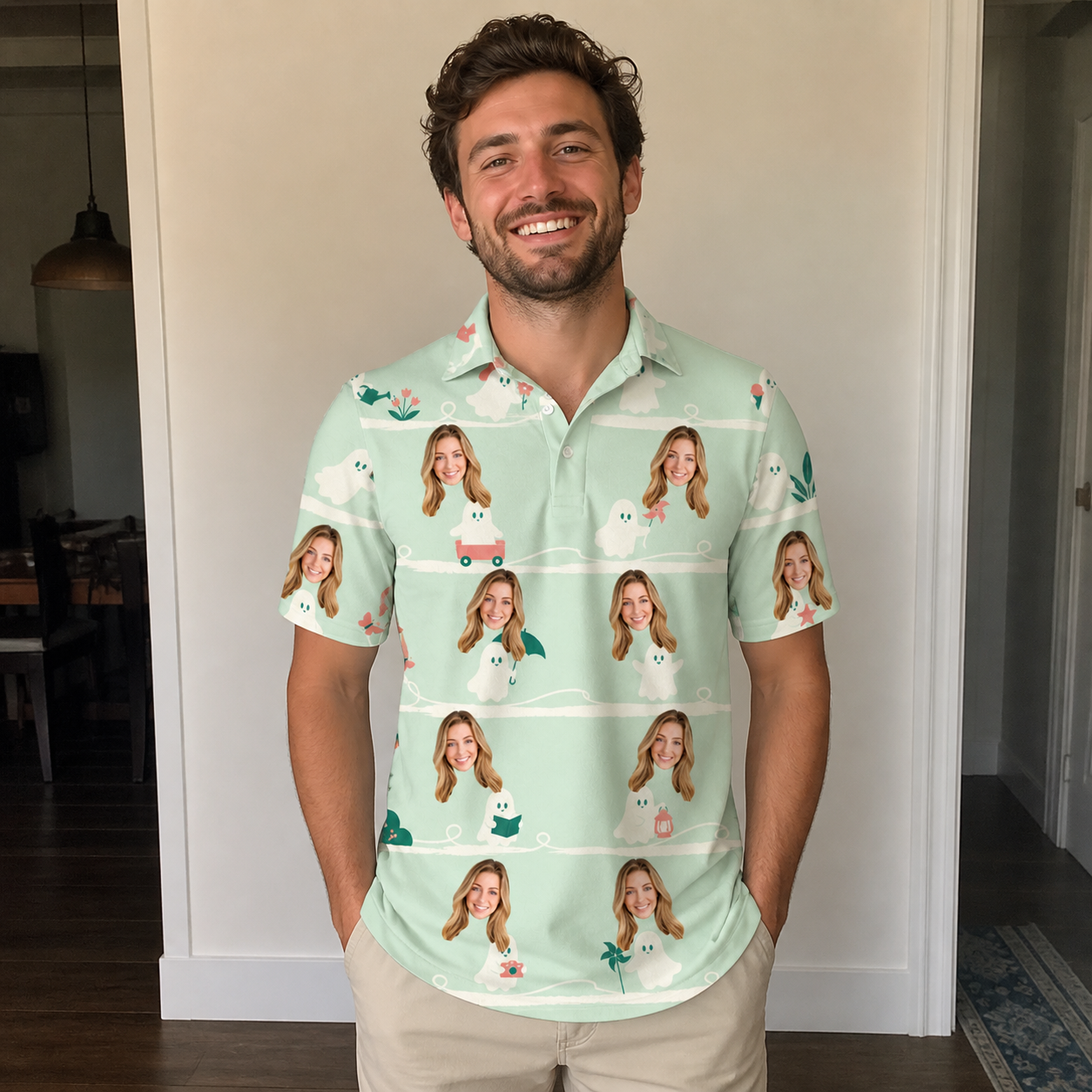 Real-life photo of someone wearing Men's Ghostly Goofballs Custom Face Polo Shirt — custom faces printed all-over