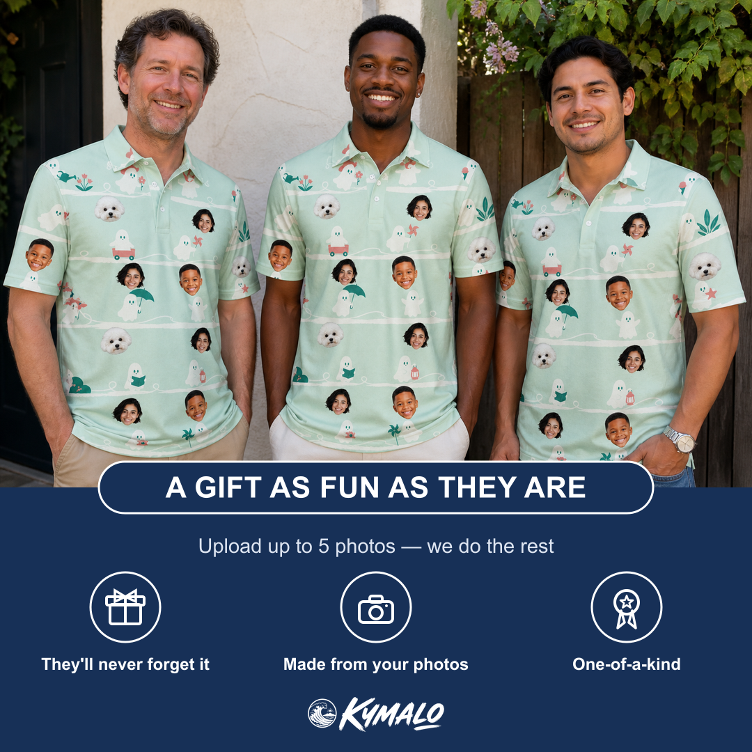 Friends in matching Men's Ghostly Goofballs Custom Face Polo Shirt — a group gift photo
