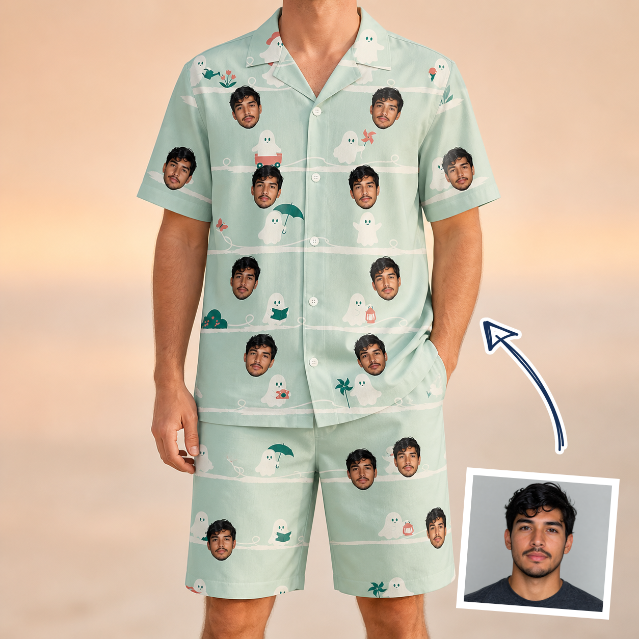 Man wearing Men's Ghostly Goofballs Custom Face Shirt & Shorts Set — custom faces printed all-over
