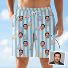 Man wearing Men's Mausoleum Mirth Custom Face Beach Shorts — custom faces printed all-over