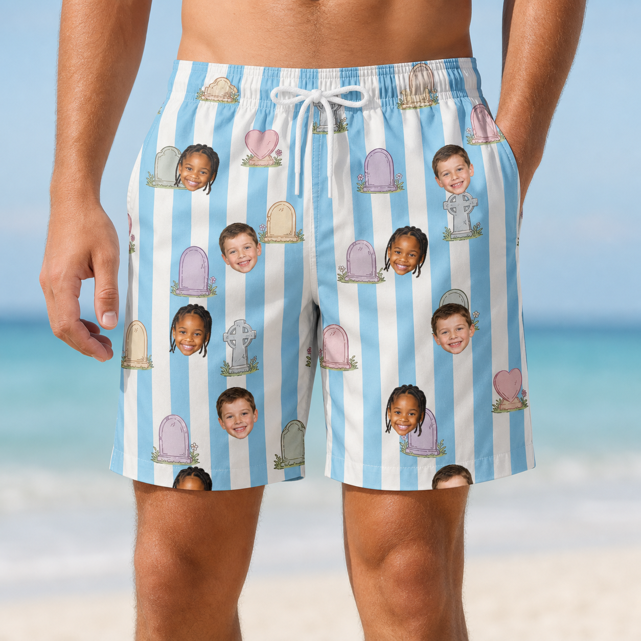 Model wearing Men's Mausoleum Mirth Custom Face Beach Shorts printed with kids' faces