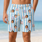 Model wearing Men's Mausoleum Mirth Custom Face Beach Shorts printed with kids' faces