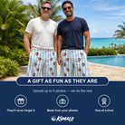 Friends in matching Men's Mausoleum Mirth Custom Face Beach Shorts — a group gift photo
