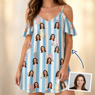 Woman wearing Women's Mausoleum Mirth Custom Face Off-Shoulder Dress — custom faces printed all-over