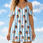 Model wearing Women's Mausoleum Mirth Custom Face Off-Shoulder Dress printed with kids' faces