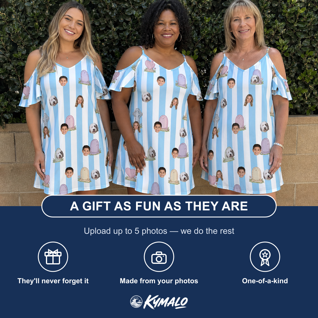 Friends in matching Women's Mausoleum Mirth Custom Face Off-Shoulder Dress — a group gift photo