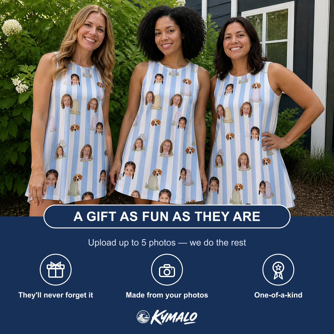 Friends in matching Women's Mausoleum Mirth Custom Face Tank Dress — a group gift photo