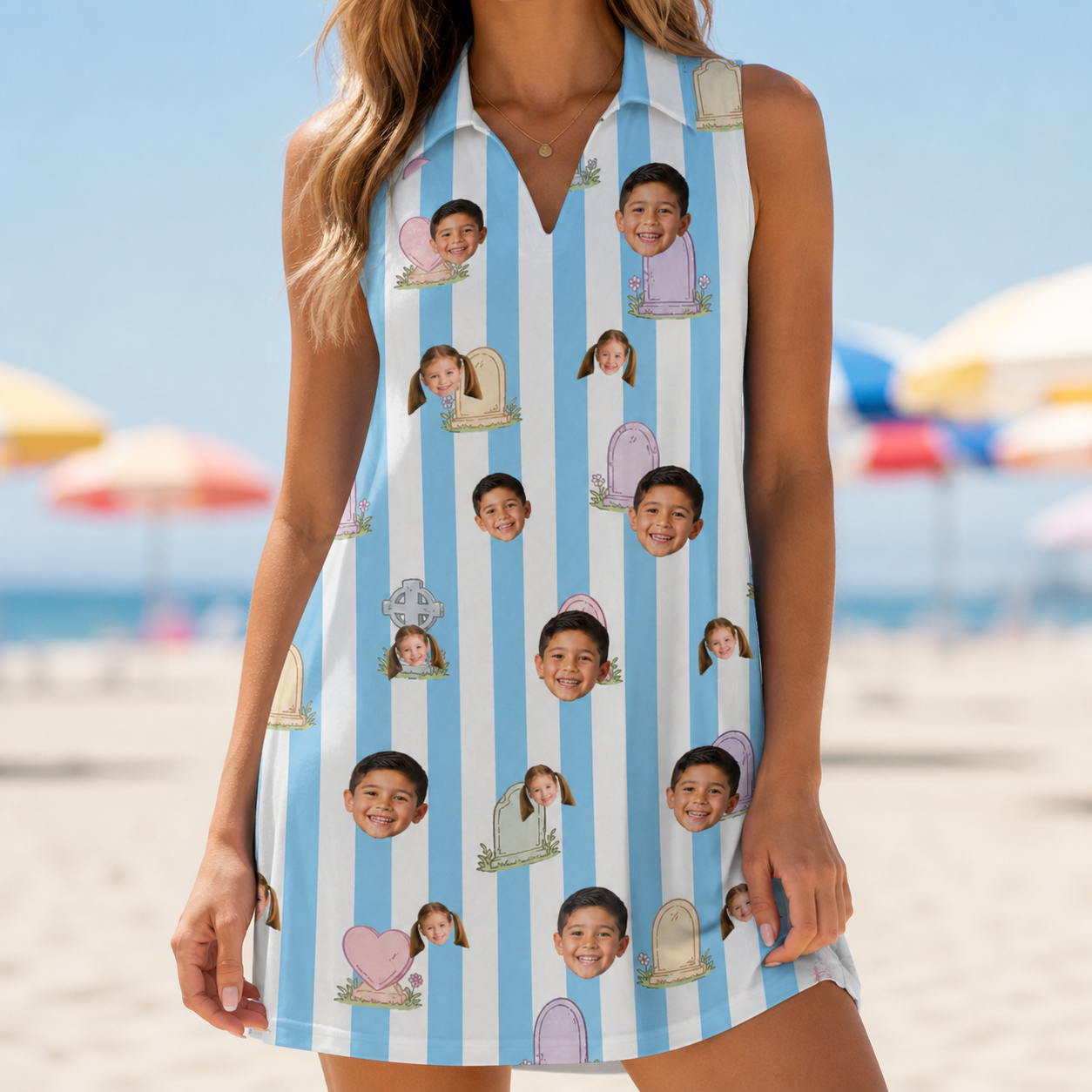 Model wearing Women's Mausoleum Mirth Custom Face V-Neck Dress printed with kids' faces