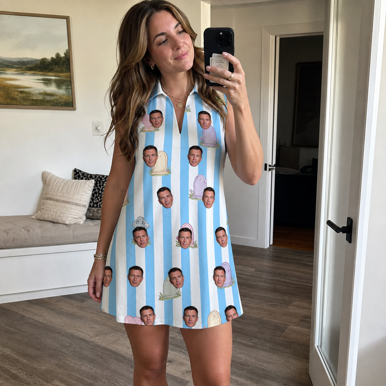 Real-life photo of someone wearing Women's Mausoleum Mirth Custom Face V-Neck Dress — custom faces printed all-over