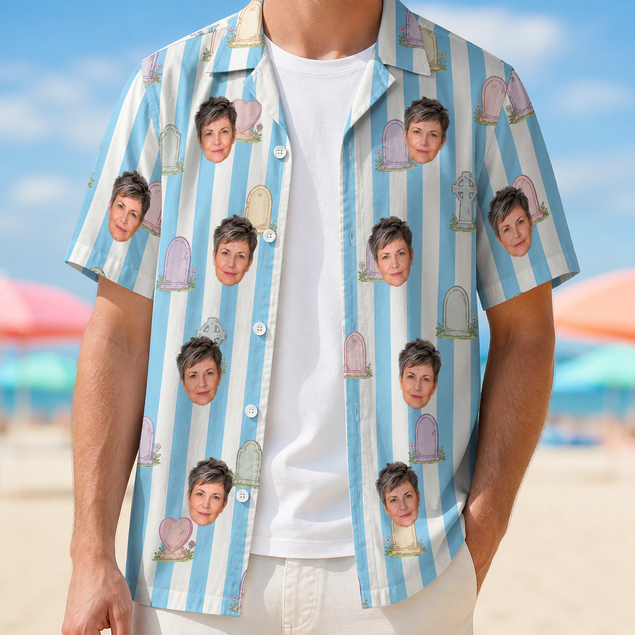 Man wearing Men's Mausoleum Mirth Custom Face Hawaiian Shirt open over a white tee