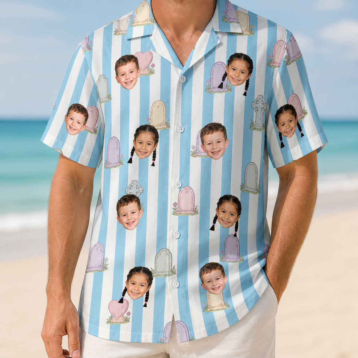 Model wearing Men's Mausoleum Mirth Custom Face Hawaiian Shirt printed with kids' faces