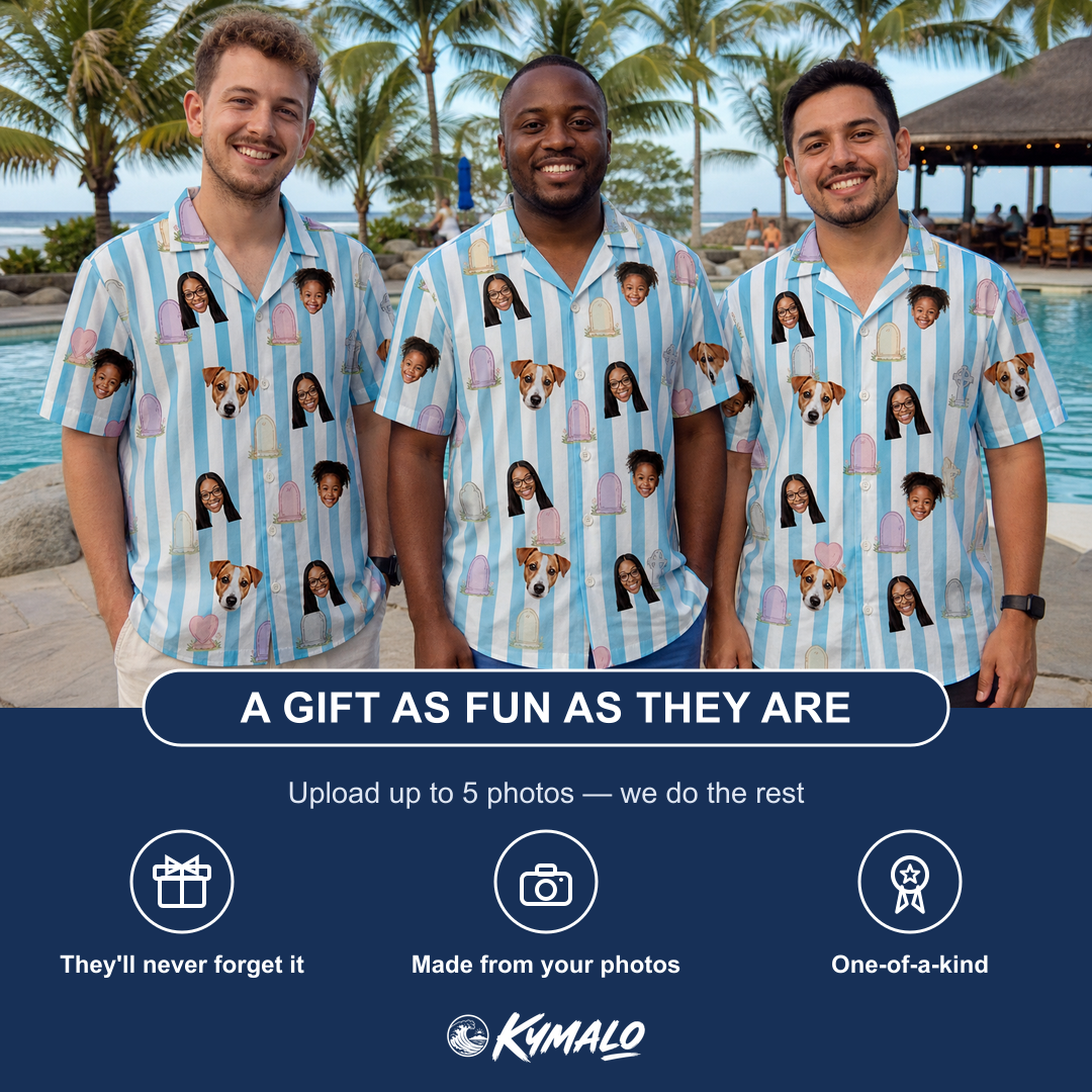 Friends in matching Men's Mausoleum Mirth Custom Face Hawaiian Shirt — a group gift photo