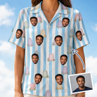 Woman wearing Women's Mausoleum Mirth Custom Face Hawaiian Shirt — custom faces printed all-over