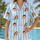 Model wearing Women's Mausoleum Mirth Custom Face Hawaiian Shirt printed with kids' faces