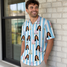 Real-life photo of someone wearing Men's Mausoleum Mirth Custom Face Polo Shirt — custom faces printed all-over