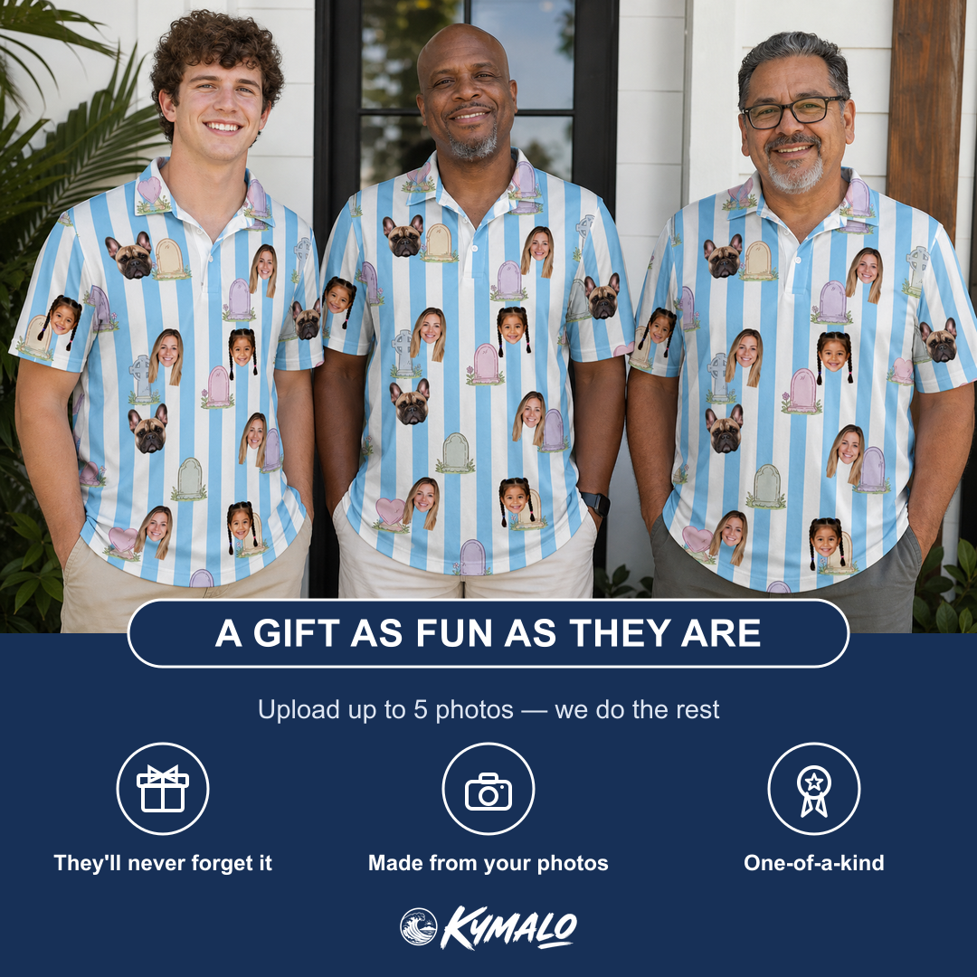 Friends in matching Men's Mausoleum Mirth Custom Face Polo Shirt — a group gift photo