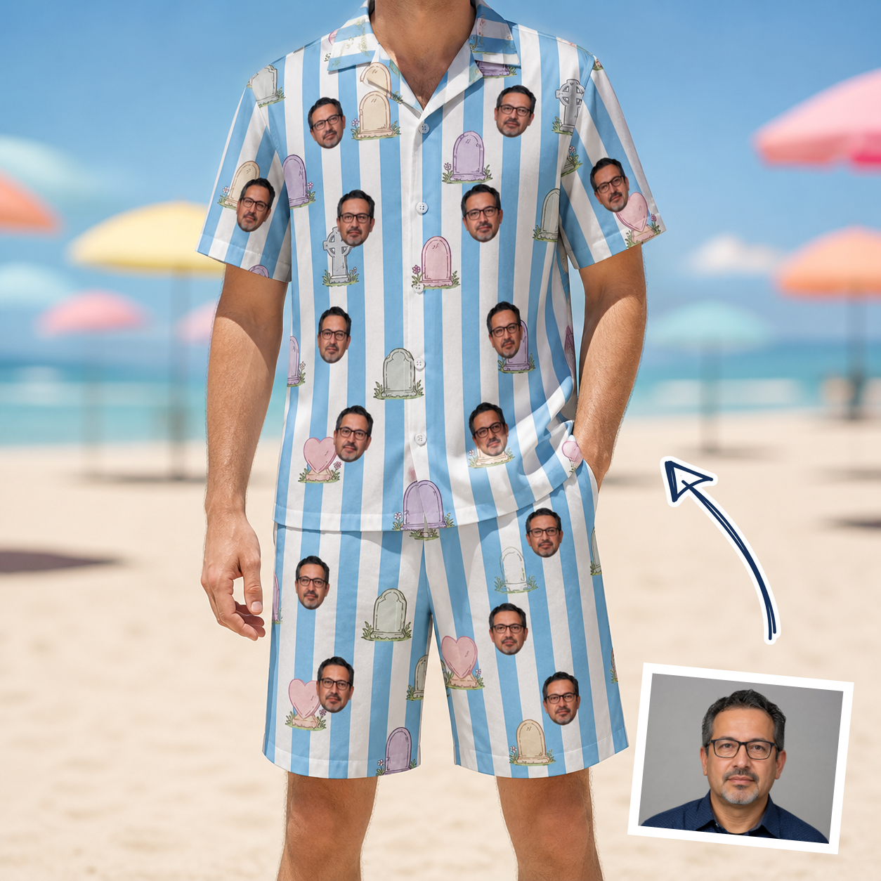 Man wearing Men's Mausoleum Mirth Custom Face Shirt & Shorts Set — custom faces printed all-over