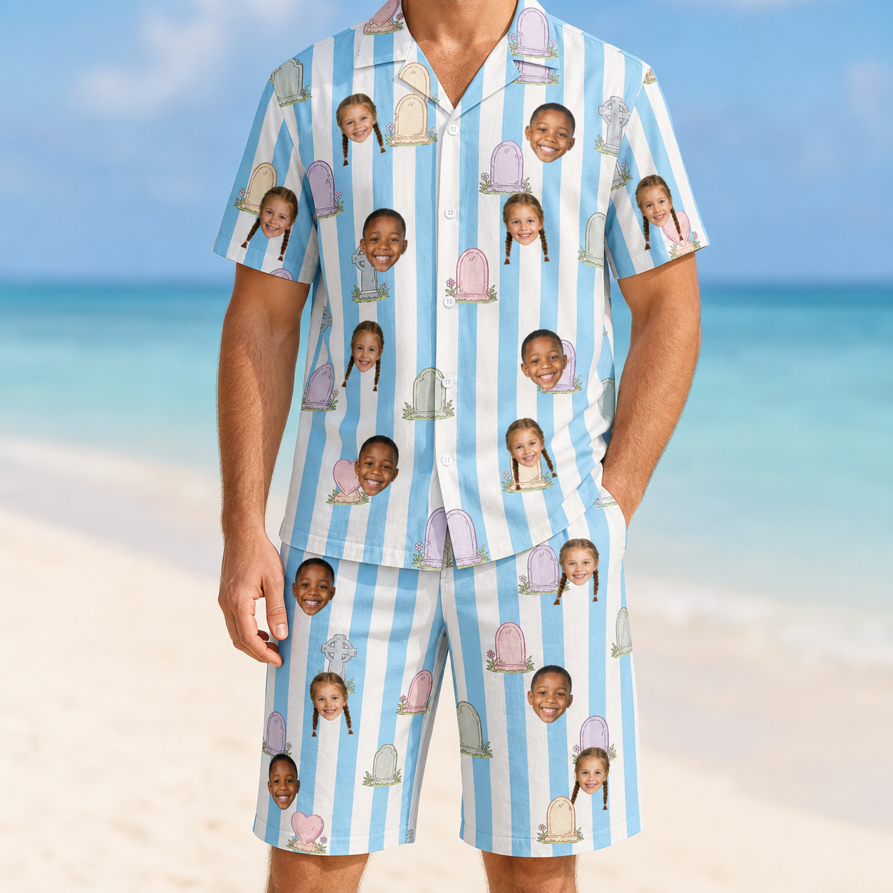 Model wearing Men's Mausoleum Mirth Custom Face Shirt & Shorts Set printed with kids' faces