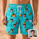 Man wearing Men's Broom Zoom Custom Face Beach Shorts — custom faces printed all-over