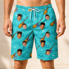 Model wearing Men's Broom Zoom Custom Face Beach Shorts printed with kids' faces