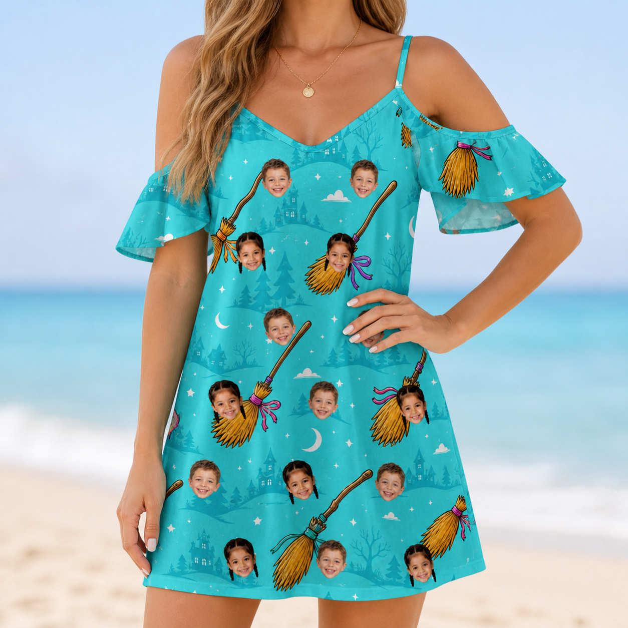 Model wearing Women's Broom Zoom Custom Face Off-Shoulder Dress printed with kids' faces