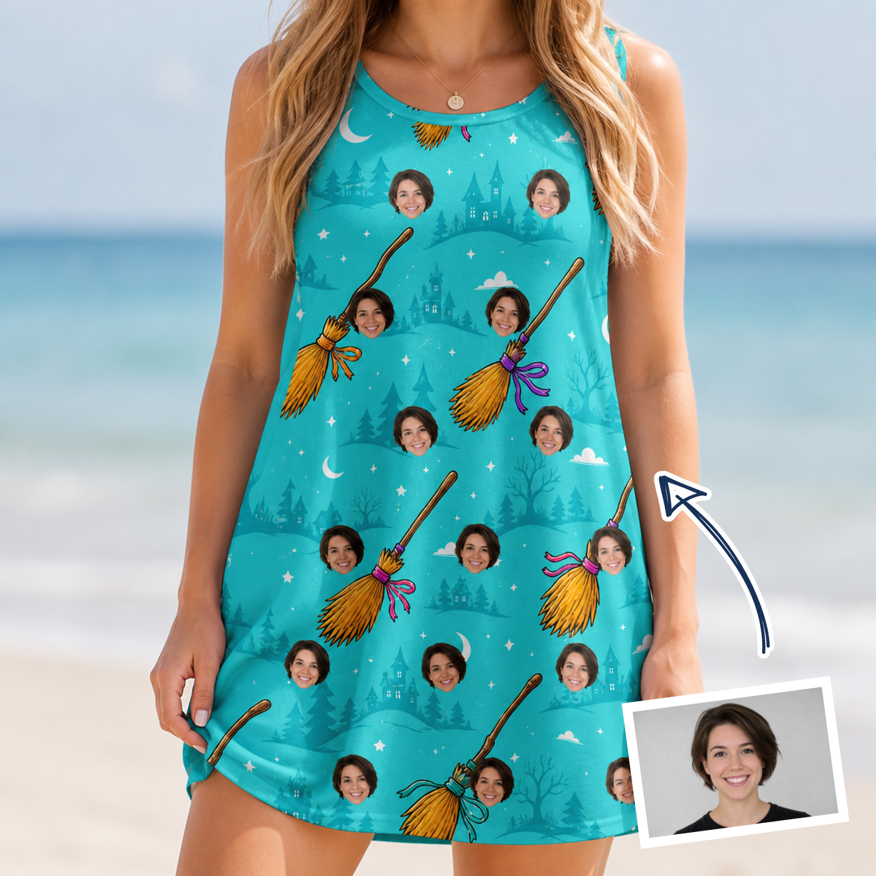 Woman wearing Women's Broom Zoom Custom Face Tank Dress — custom faces printed all-over