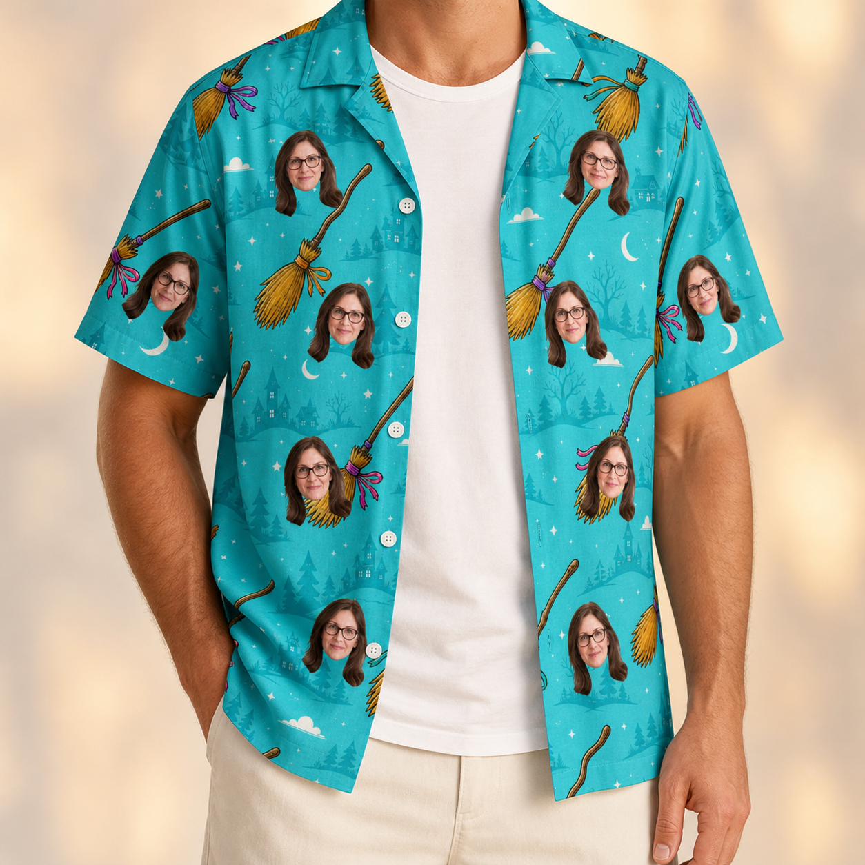Man wearing Men's Broom Zoom Custom Face Hawaiian Shirt open over a white tee