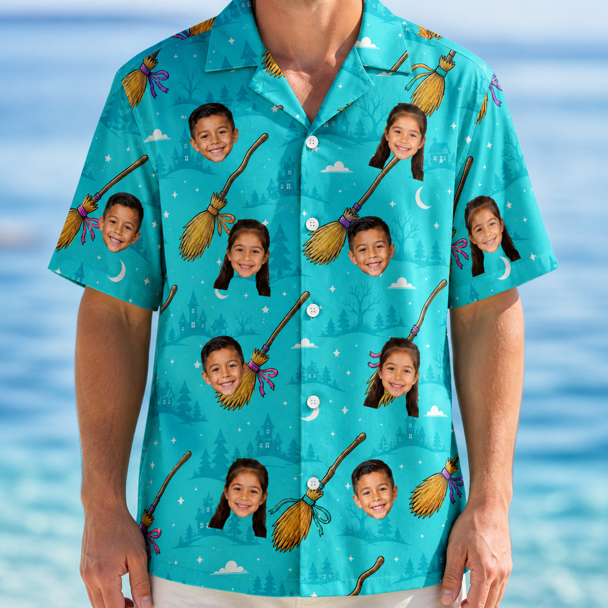 Model wearing Men's Broom Zoom Custom Face Hawaiian Shirt printed with kids' faces