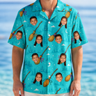 Model wearing Men's Broom Zoom Custom Face Hawaiian Shirt printed with kids' faces