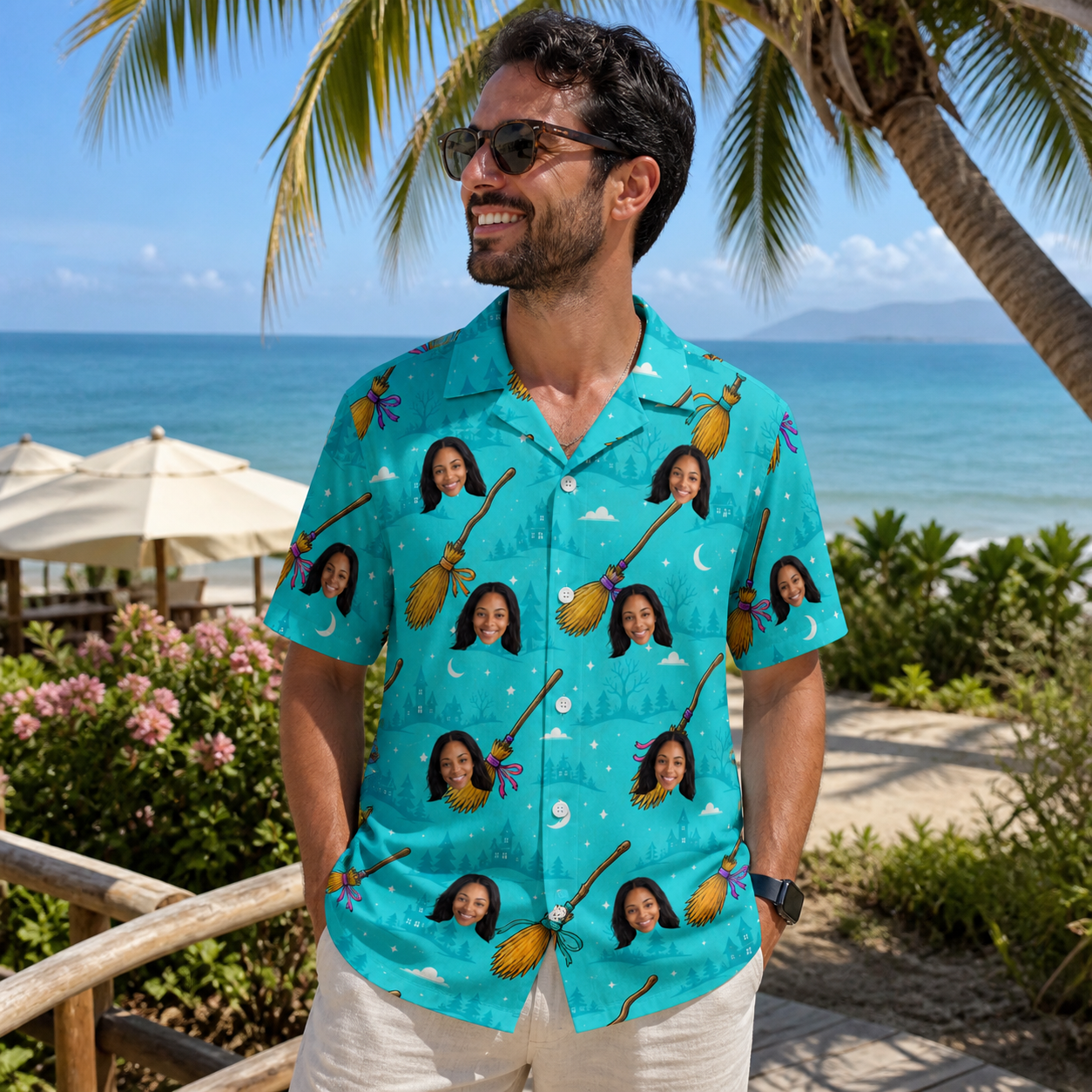 Real-life photo of someone wearing Men's Broom Zoom Custom Face Hawaiian Shirt — custom faces printed all-over