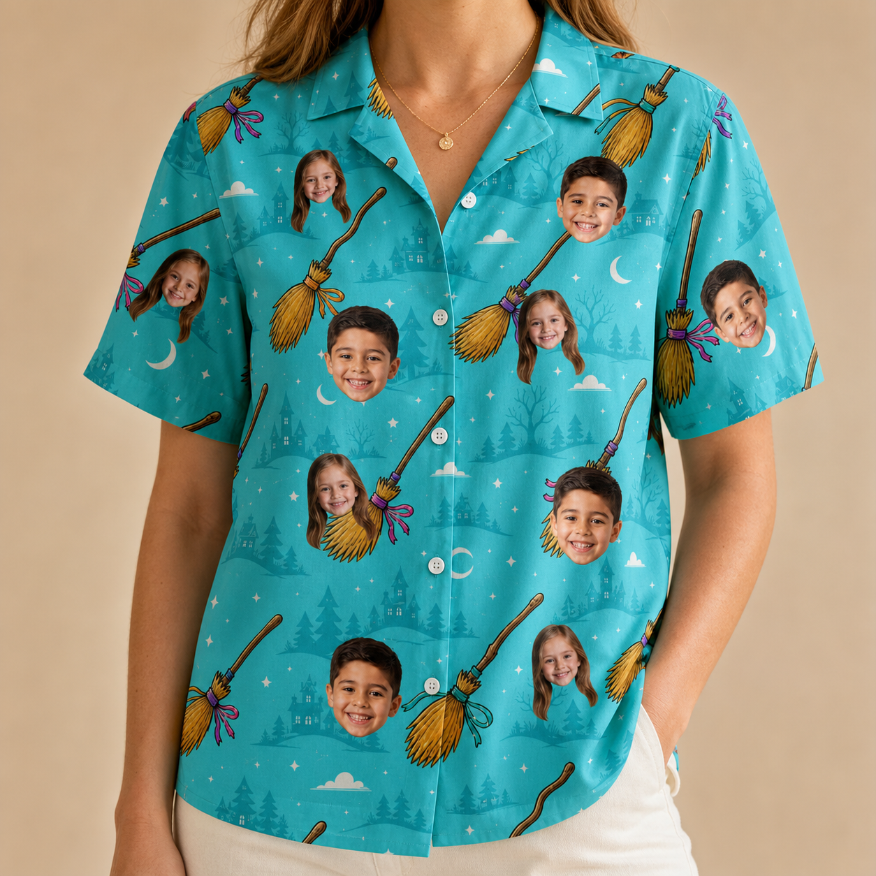 Model wearing Women's Broom Zoom Custom Face Hawaiian Shirt printed with kids' faces