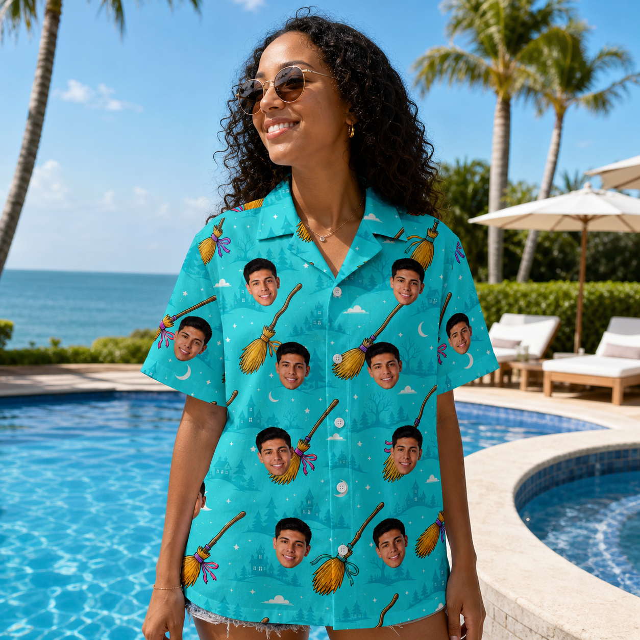 Real-life photo of someone wearing Women's Broom Zoom Custom Face Hawaiian Shirt — custom faces printed all-over