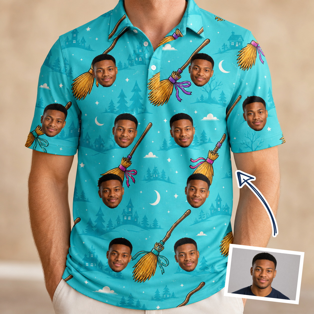 Man wearing Men's Broom Zoom Custom Face Polo Shirt — custom faces printed all-over
