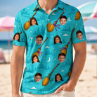 Model wearing Men's Broom Zoom Custom Face Polo Shirt printed with kids' faces