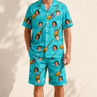 Model wearing Men's Broom Zoom Custom Face Shirt & Shorts Set printed with kids' faces