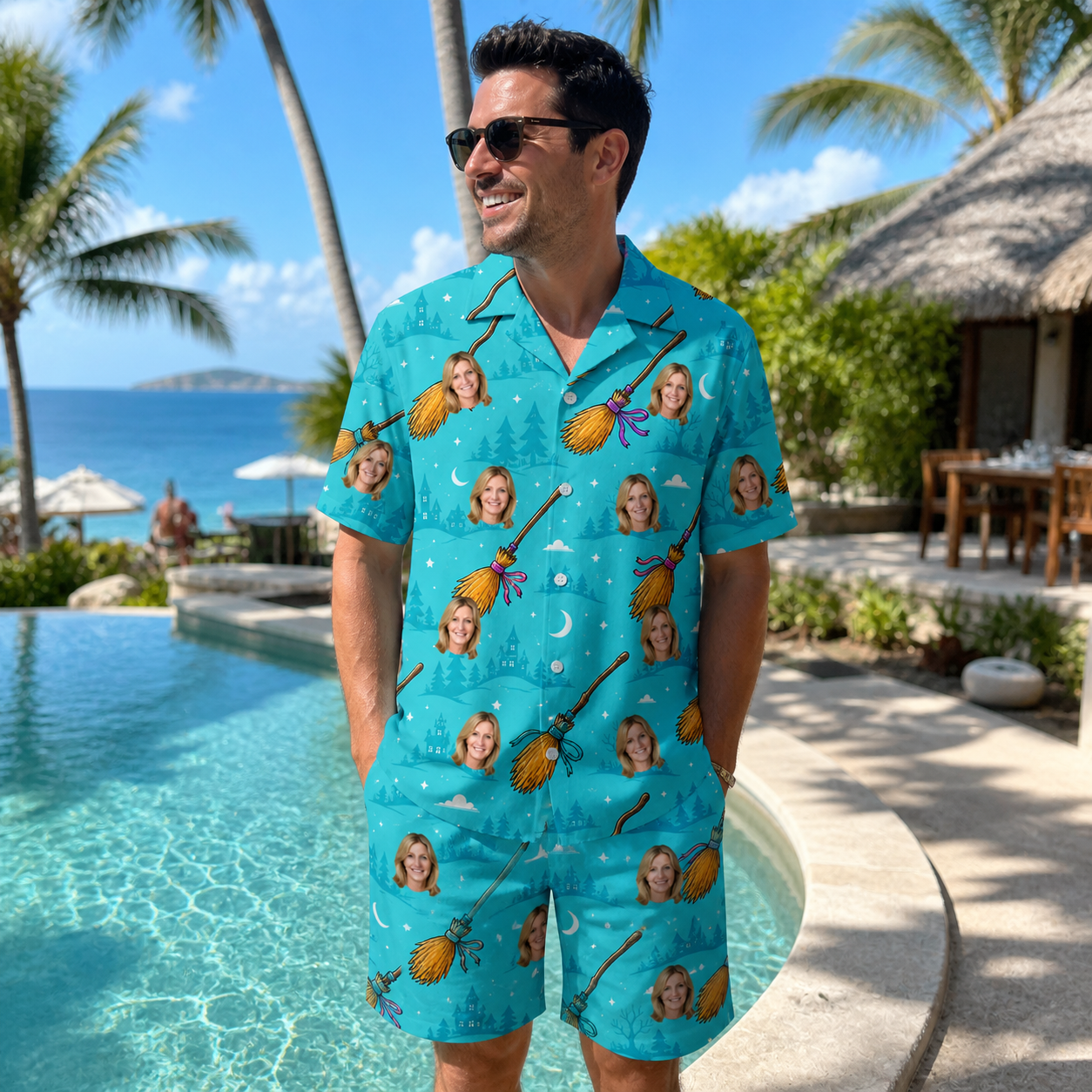 Real-life photo of someone wearing Men's Broom Zoom Custom Face Shirt & Shorts Set — custom faces printed all-over
