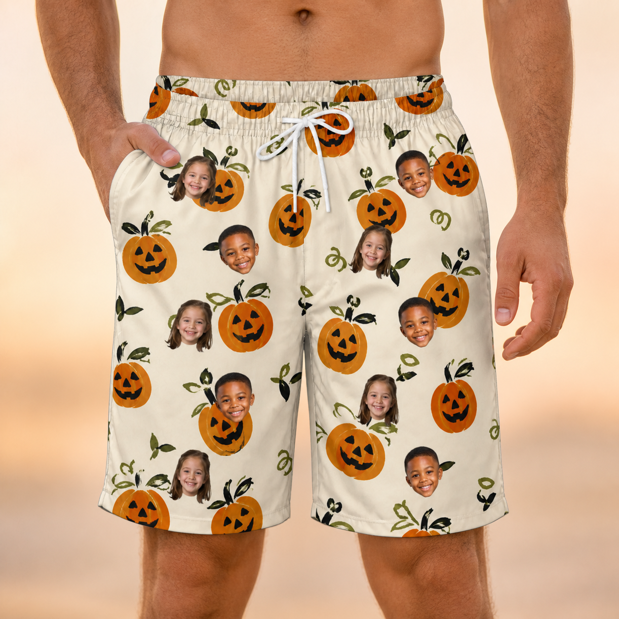 Model wearing Men's Carved Chuckles Custom Face Beach Shorts printed with kids' faces