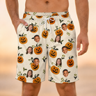 Model wearing Men's Carved Chuckles Custom Face Beach Shorts printed with kids' faces