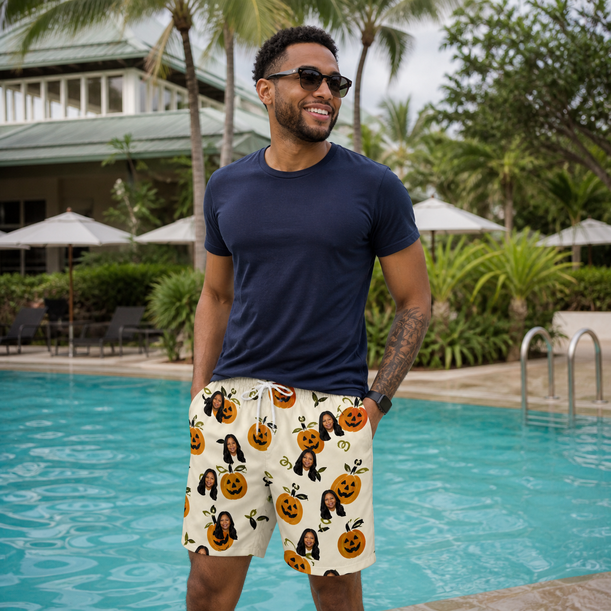 Real-life photo of someone wearing Men's Carved Chuckles Custom Face Beach Shorts — custom faces printed all-over
