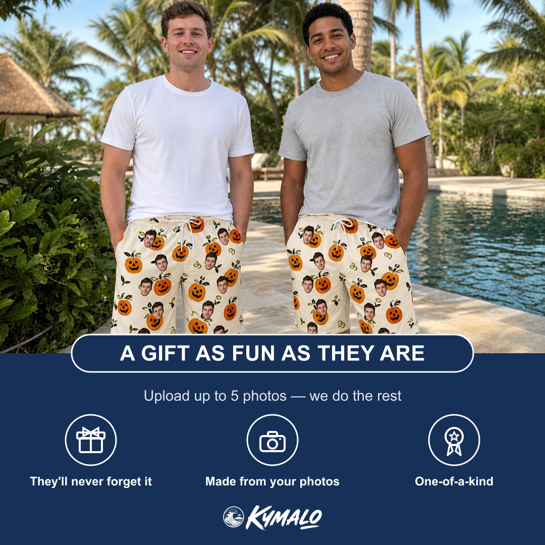 Friends in matching Men's Carved Chuckles Custom Face Beach Shorts — a group gift photo
