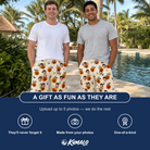 Friends in matching Men's Carved Chuckles Custom Face Beach Shorts — a group gift photo